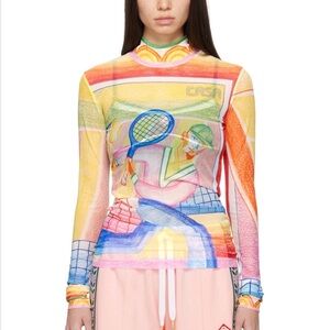 CASABLANCA Tennis Graphic-Print Turtleneck Long-Sleeve Mesh Top size S